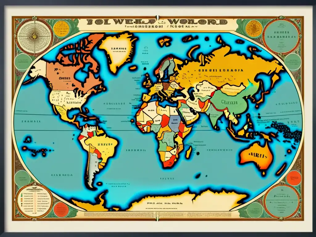 Un antiguo mapa del mundo con detalles intrincados y colores desvaídos, mostrando la diversidad de idiomas y culturas en diferentes regiones