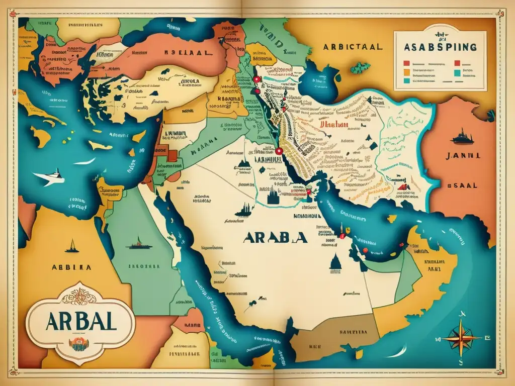 Un antiguo mapa del mundo árabe con fronteras coloridas que delimitan las diferentes regiones dialectales