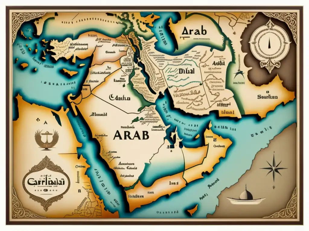 Un antiguo mapa del mundo árabe, con intrincada caligrafía en árabe que etiqueta cada región