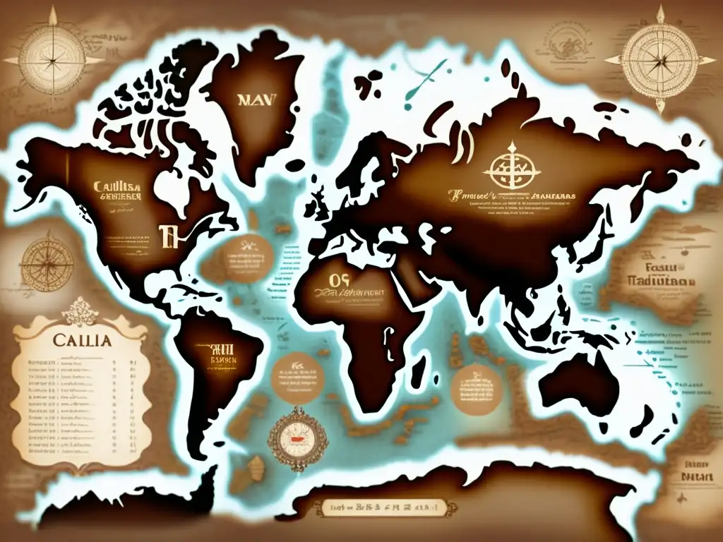 Un antiguo mapa del mundo con intrincados detalles de dialectos y rutas de traducción en tonos sepia