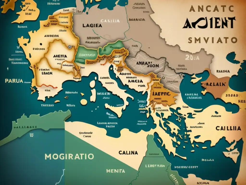 Un antiguo mapa del mundo semítico con tonos terrosos desvanecidos y detalles intrincados que muestran los orígenes del árabe y lenguas semíticas