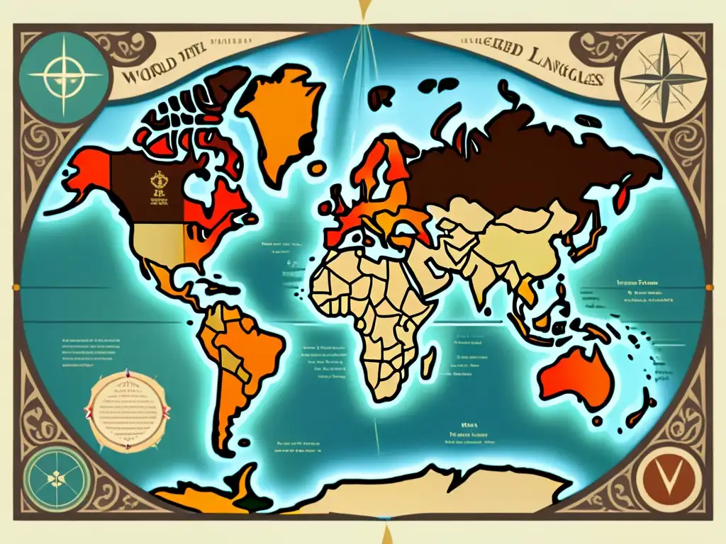 Un antiguo mapa del mundo con símbolos ornamentados para representar lenguas en peligro de extinción