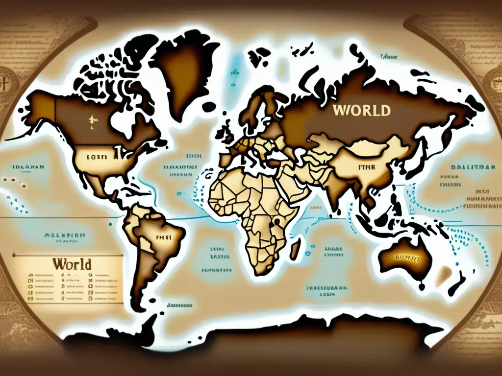 Un antiguo mapa del mundo en tonos sepia muestra la evolución de los dialectos y lenguajes