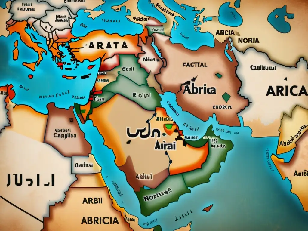 Un antiguo mapa del Medio Oriente y el norte de África, muestra las diferencias dialectales regionales en árabe