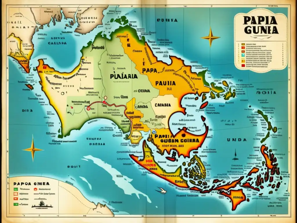 Un antiguo mapa de Papúa Nueva Guinea, muestra la diversidad lingüística con ilustraciones detalladas de diferentes idiomas y dialectos