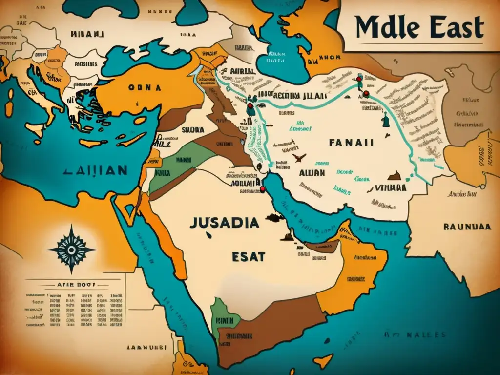 Un antiguo mapa del Medio Oriente con nombres de lugares ancestrales de raíces semíticas, caligrafía intrincada y tonos terrosos