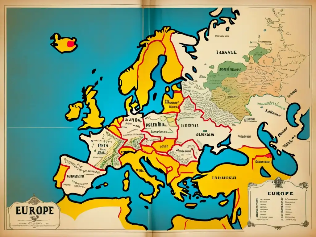 Un antiguo mapa de Europa muestra el origen y evolución de lenguas romances con caligrafía intrincada y detalladas ilustraciones de hitos culturales