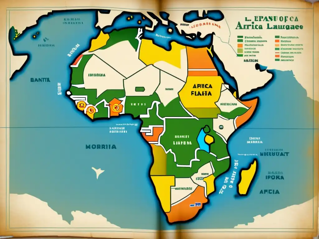 Un antiguo mapa de África muestra los orígenes y expansión de lenguas bantúes, con detalles intrincados de grupos lingüísticos y rutas