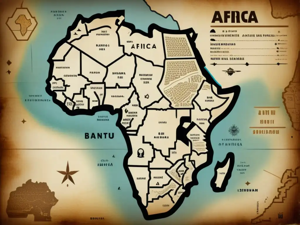 Un antiguo mapa de África detallando las regiones de habla bantú, con patrones y símbolos tradicionales