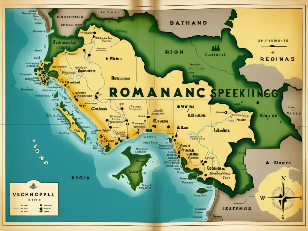 Un antiguo mapa de las regiones de habla romance con detallada topografía y transcripciones fonéticas superpuestas