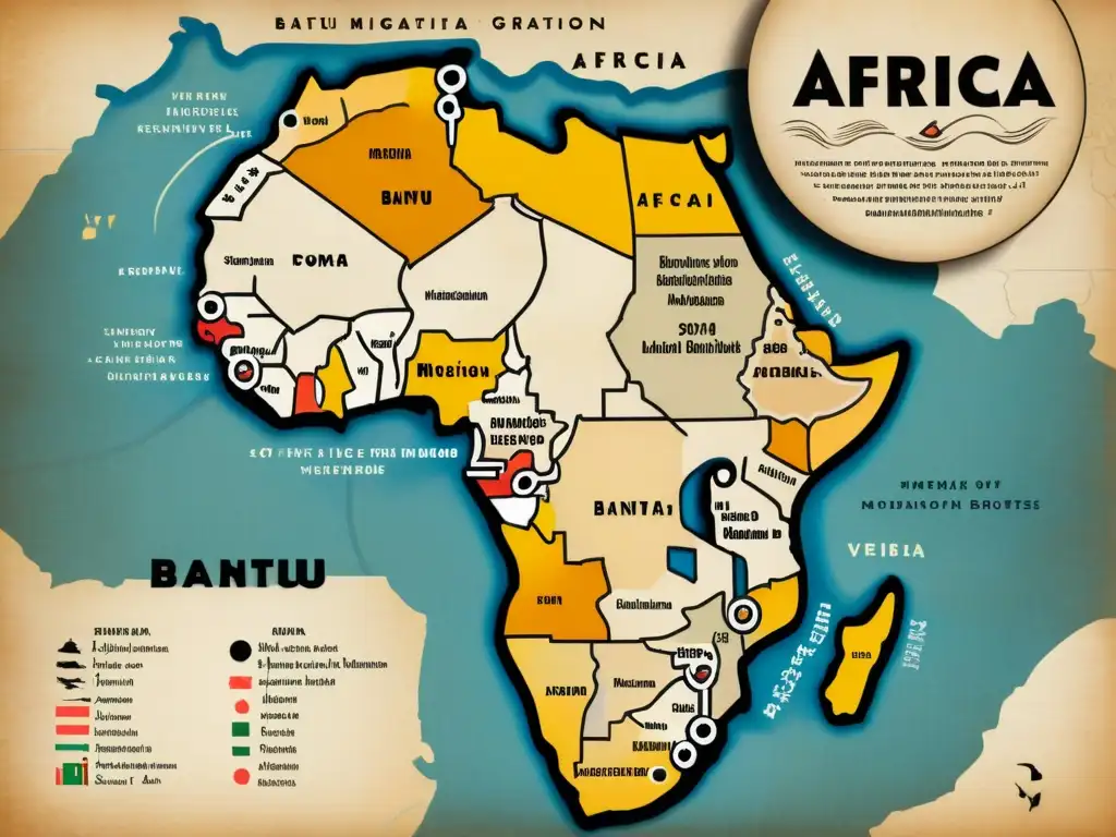 Un antiguo mapa de África que muestra las rutas de migración bantú, con caligrafía detallada de nombres de lenguas bantúes y sus formas verbales