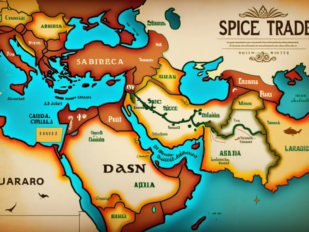 Un antiguo mapa de las rutas comerciales de especias modeló el vocabulario árabe con ricos colores terrosos y delicada caligrafía