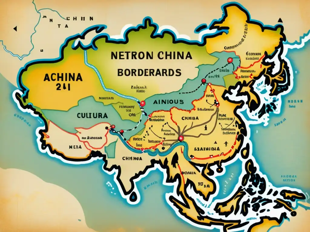 Un antiguo mapa detallando las rutas comerciales que conectan China con las fronteras del sudeste asiático