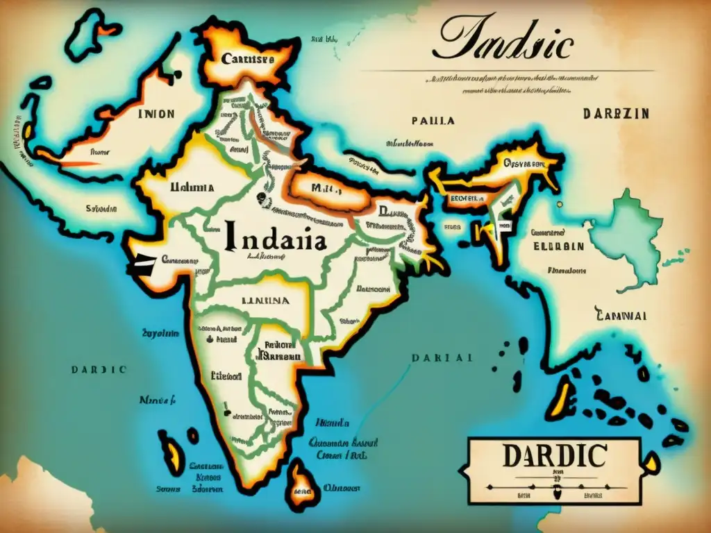 Un antiguo mapa del subcontinente indio detallado con etiquetas en español de las regiones donde se hablan lenguas dárdicas