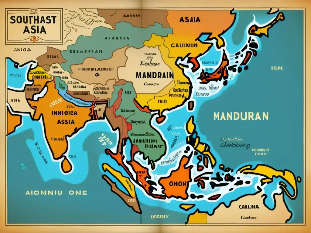 Un antiguo mapa de Asia del Sudeste con detalles intrincados de los países limítrofes, mostrando las diversas lenguas habladas en la región