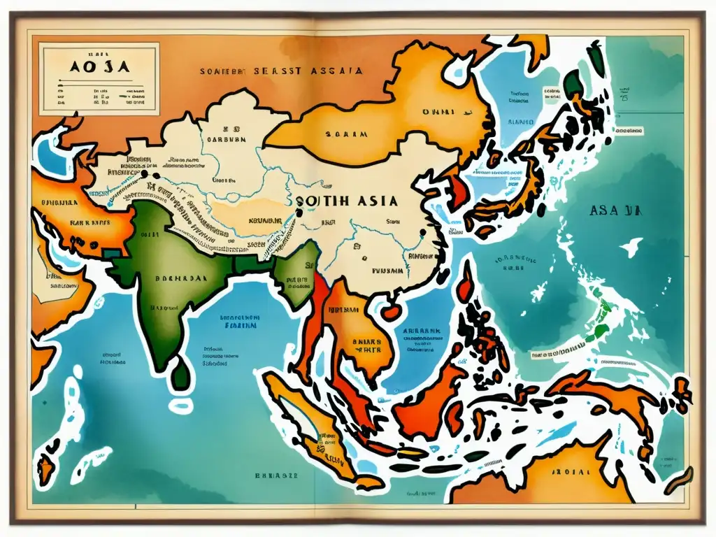 Un antiguo mapa de Asia Sudoriental con detalles fronterizos, destacando la interacción entre el chino mandarín y las lenguas fronterizas