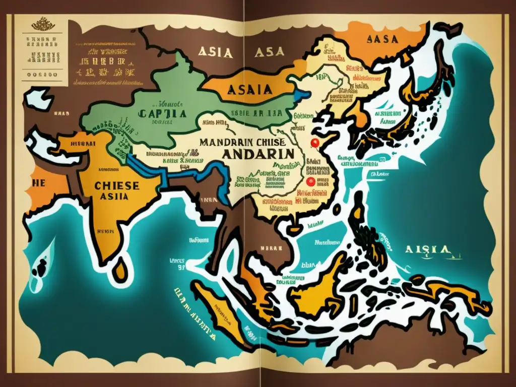 Un antiguo mapa de Asia Sudoriental con ilustraciones detalladas de lenguaje mandarín entrelazándose con las distintas lenguas de la región