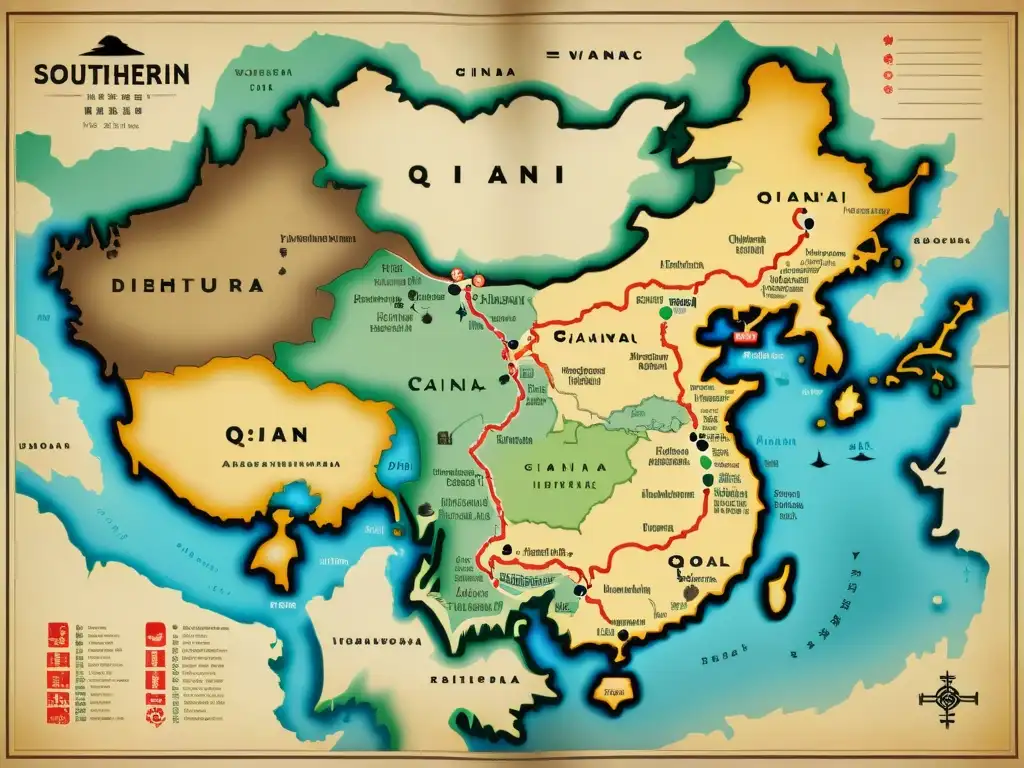 Un antiguo mapa del suroeste de China, con la distribución de las lenguas Qiangic y símbolos culturales