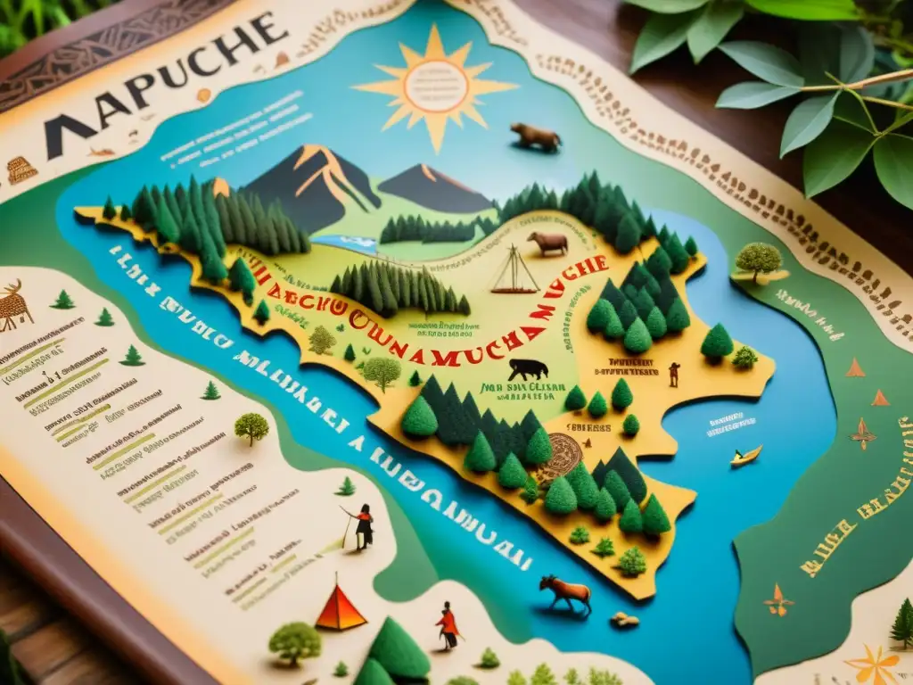 Un antiguo mapa del territorio Mapuche con ilustraciones de personas tradicionales realizando actividades diarias, rodeadas de exuberante naturaleza y vida silvestre