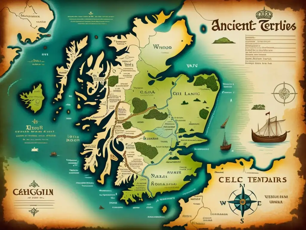 Un antiguo mapa de territorios celtas, detalladamente dibujado a mano en tonos terrosos y con inscripciones en gaélico antiguo