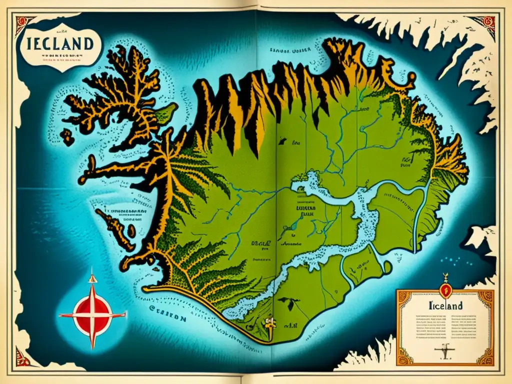 Un antiguo mapa sepia de Islandia muestra su topografía, con detalles de glaciares, costa y terreno volcánico