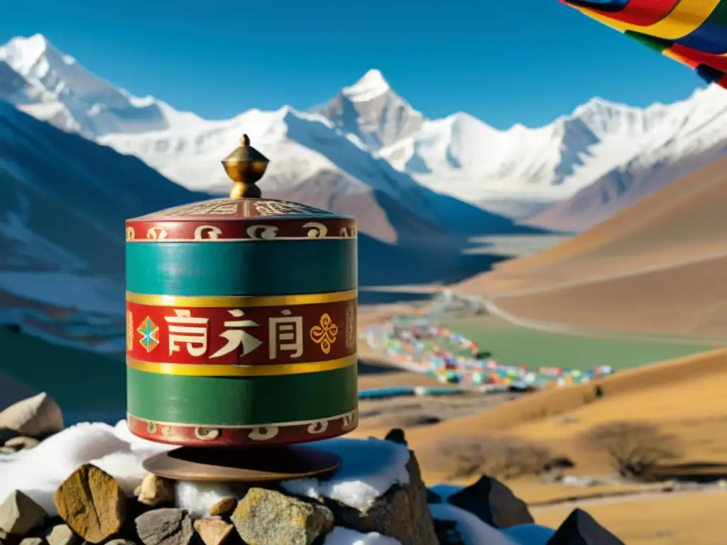 Rueda de oración tibetana: cultura ancestral en el Himalaya Un antiguo molinillo de oraciones tibetano gira frente a picos nevados del Himalaya, rodeado de una serena belleza cultural