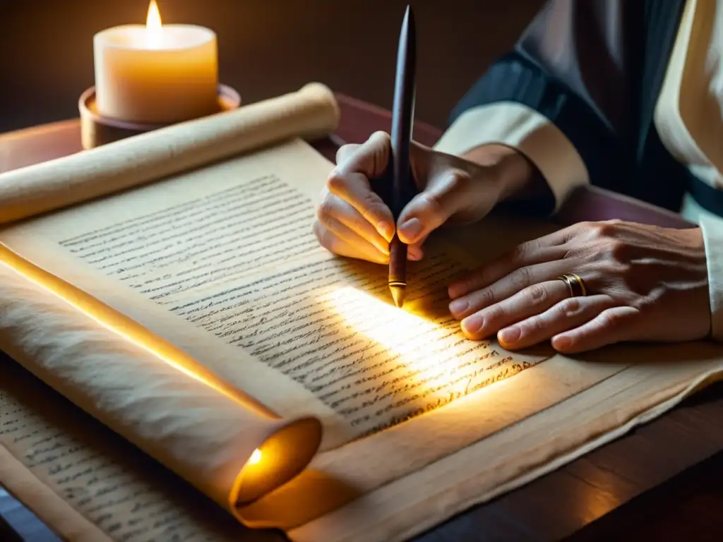 Un antiguo escriba transcribe meticulosamente en papiro con una pluma iluminado por la luz de una vela, evocando técnicas de escritura en antigüedad