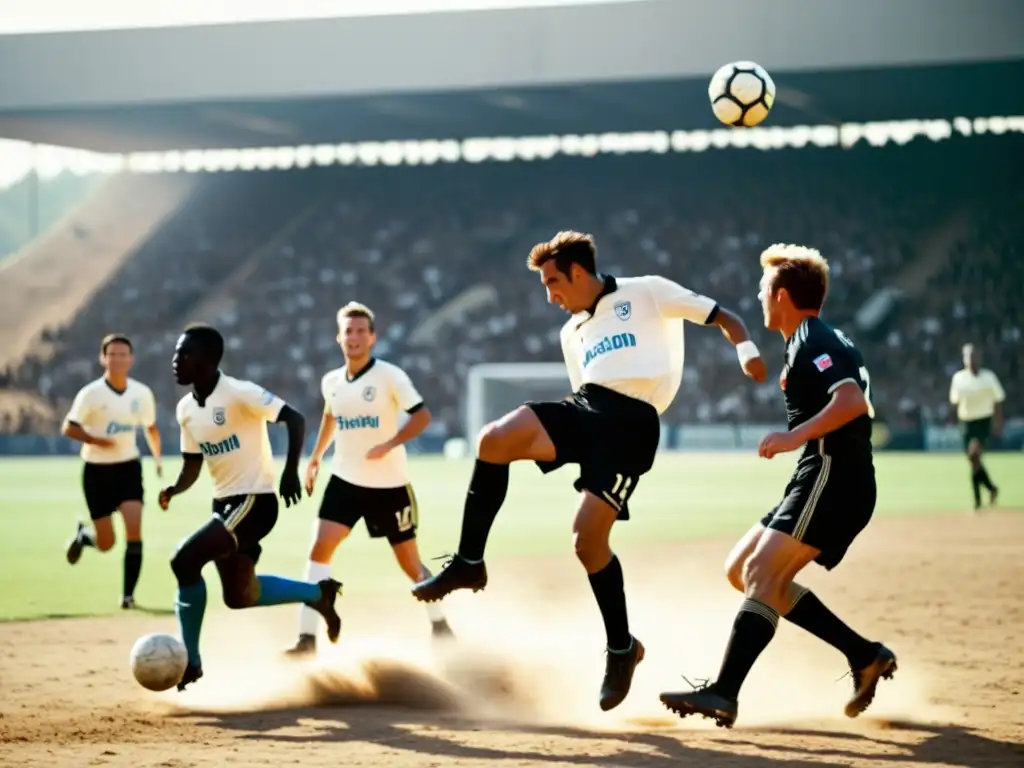 Un antiguo partido de fútbol en una cancha polvorienta, con jugadores en pleno juego y espectadores animados