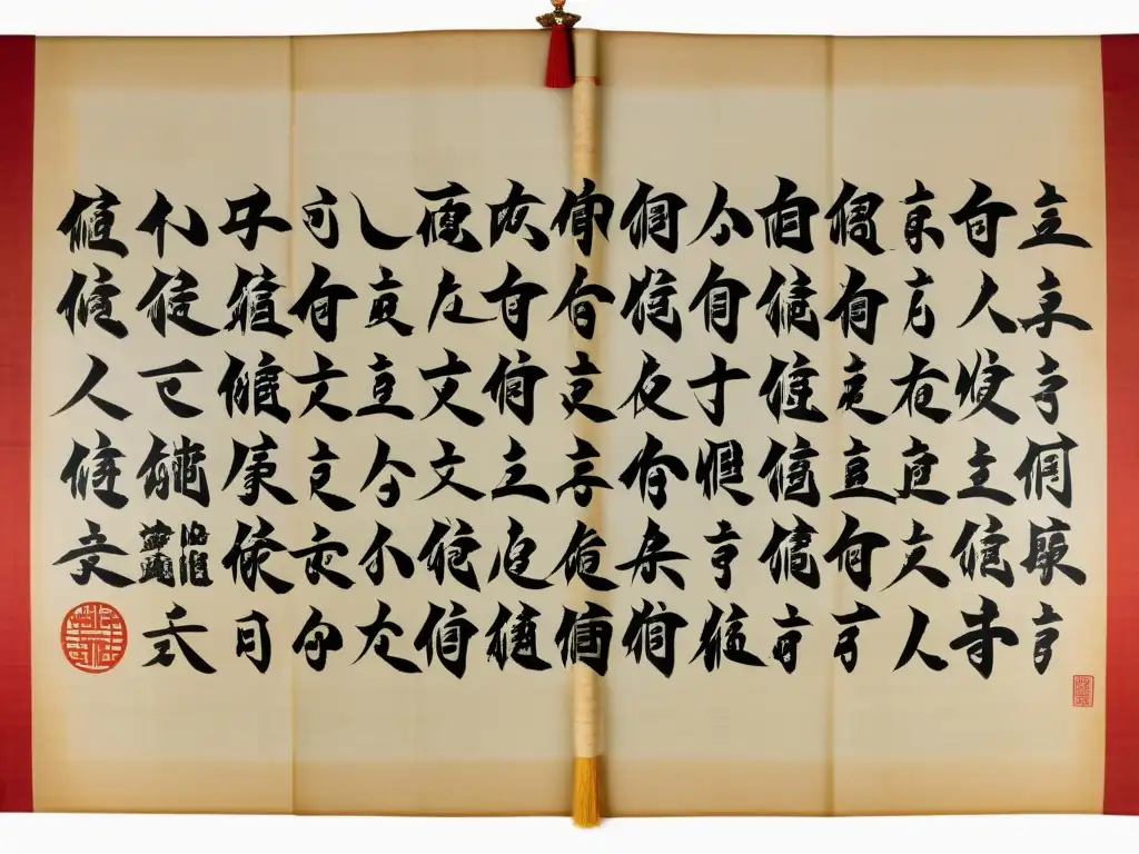 Antiguo pergamino con caligrafía china detallada y caracteres antiguos, mostrando la evolución y características de la estructura silábica del chino