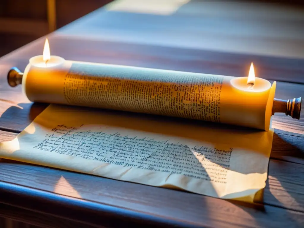 Un antiguo pergamino con caligrafía desgastada reposa sobre una mesa de madera, iluminado por una vela