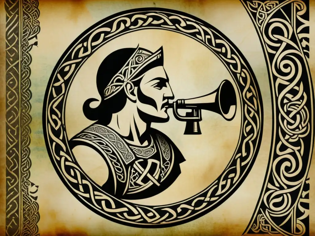 Antiguo pergamino celta con guerrero y patrones acento entonación celta, evocando poder y tradición ancestral