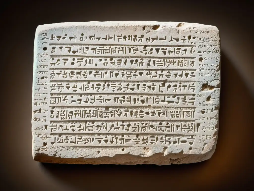 Tableta de arcilla con escritura cuneiforme Un antiguo tablón de arcilla con escritura cuneiforme, evocando la evolución de soportes de escritura semítica