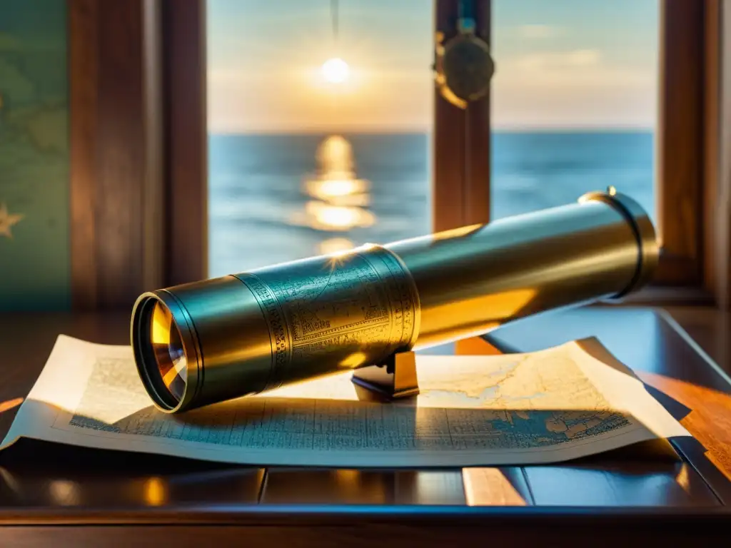 Un antiguo telescopio de latón sobre un escritorio de madera envejecida, con luz solar creando un ambiente cálido