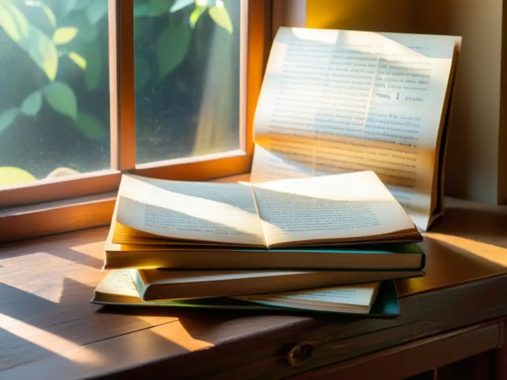 Antiguos libros de lenguas romances en desgastado escritorio iluminado por el sol