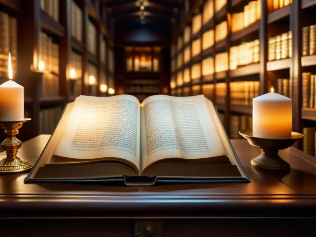 Antiguos manuscritos y pergaminos en una biblioteca tenue, iluminados por velas, mostrando la evolución del lenguaje