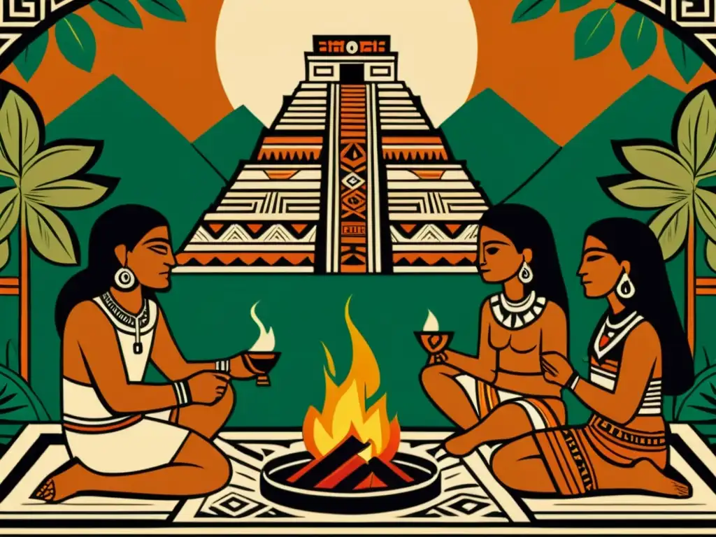 Una ilustración vintage de antiguos aztecas reunidos alrededor de una fogata, intercambiando conocimientos en la evolución del lenguaje náhuatl