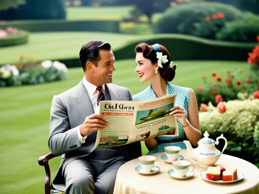 Anuncio vintage de los años 50 con pareja elegante disfrutando té en jardín inglés, reflejando el impacto del inglés en publicidad global