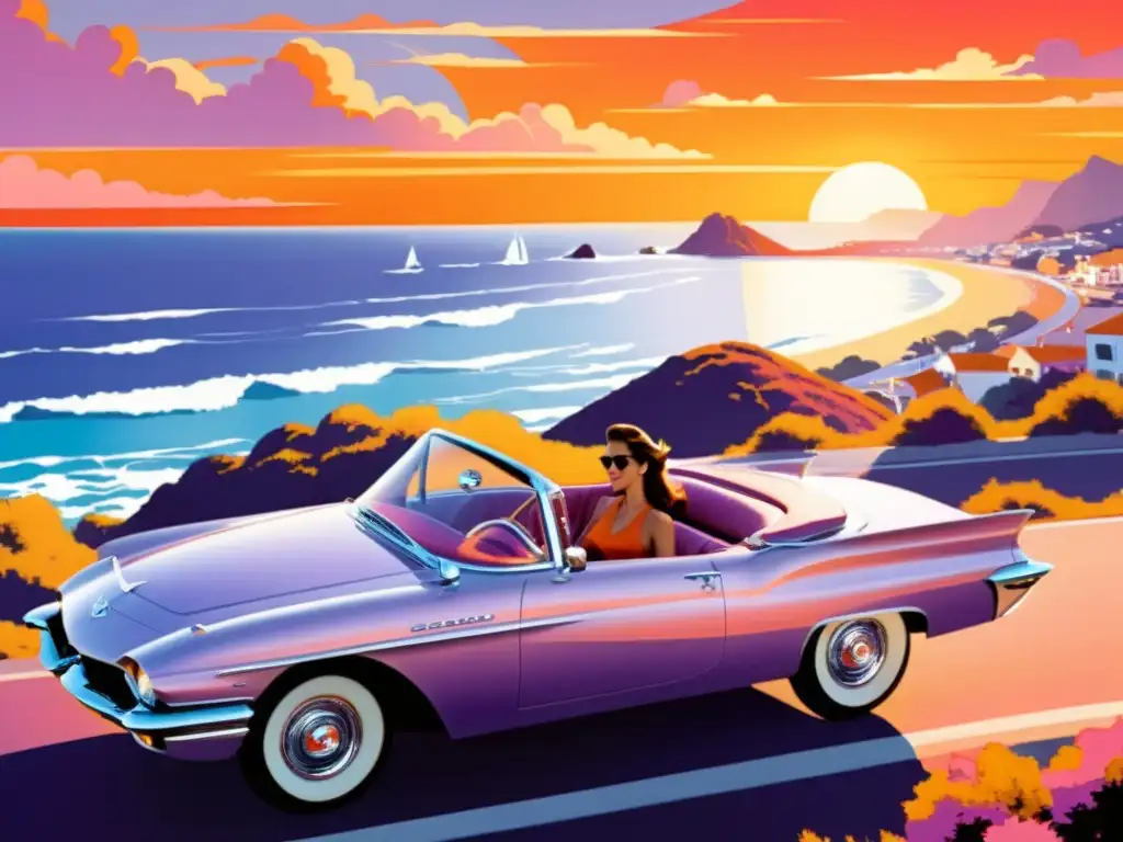 Anuncio vintage de un elegante convertible plateado en una carretera costera al atardecer, mostrando el impacto del inglés en publicidad global