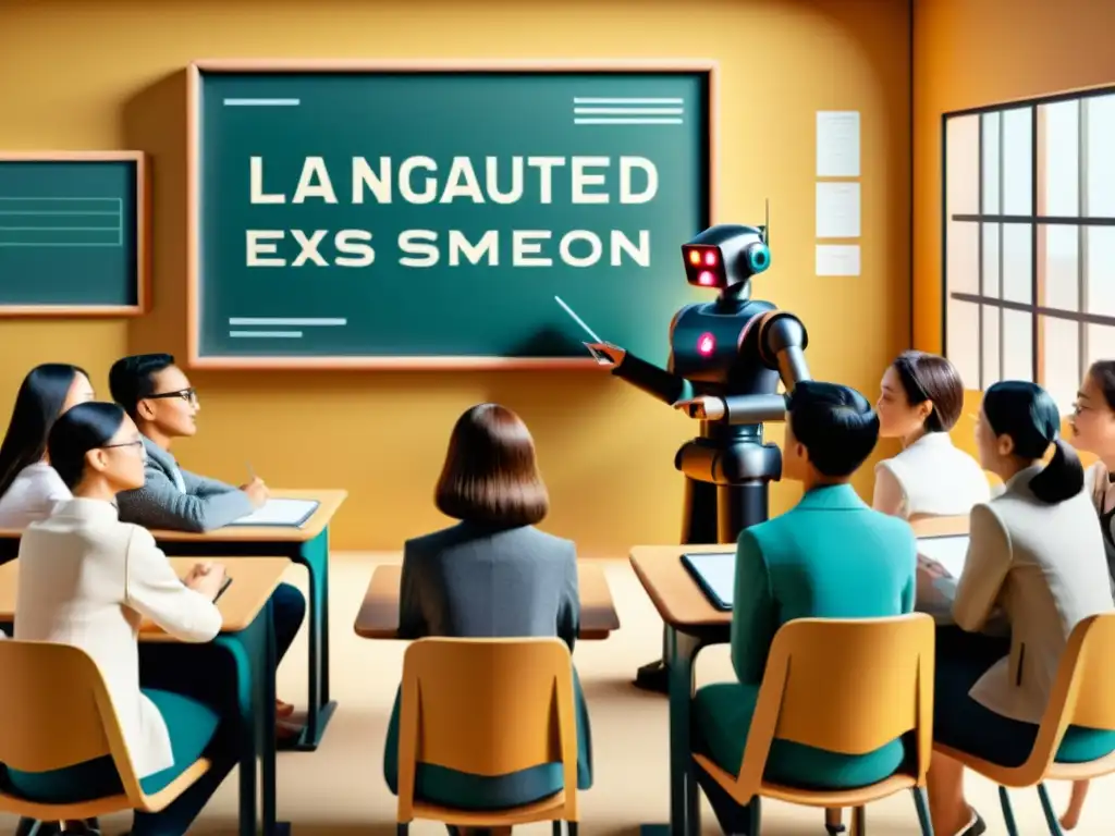 Transformación del aprendizaje de idiomas con la IA: ilustración vintage de un aula con tecnología futurista y robot asistente