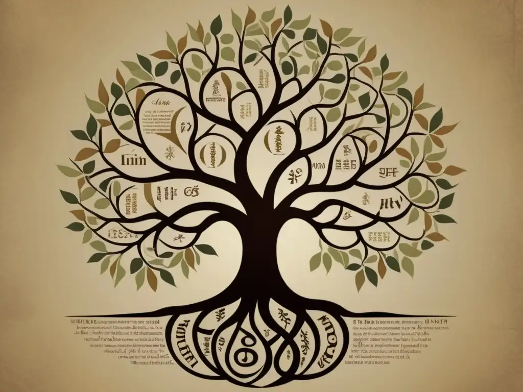 Ilustración vintage de un árbol lingüístico con calcos estructurales en lenguas, intrincadas raíces y ramas representando conexiones entre idiomas