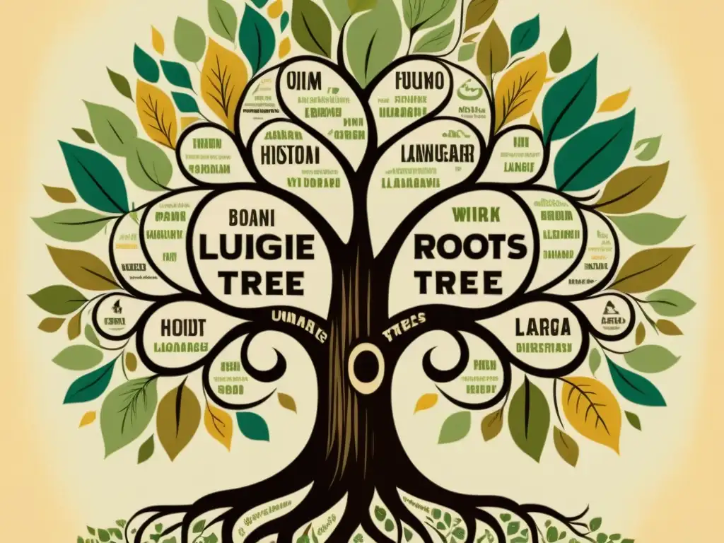 Un árbol lingüístico vintage muestra calcos estructurales en lenguas, con raíces entrelazadas y ramas que representan una diversidad lingüística única