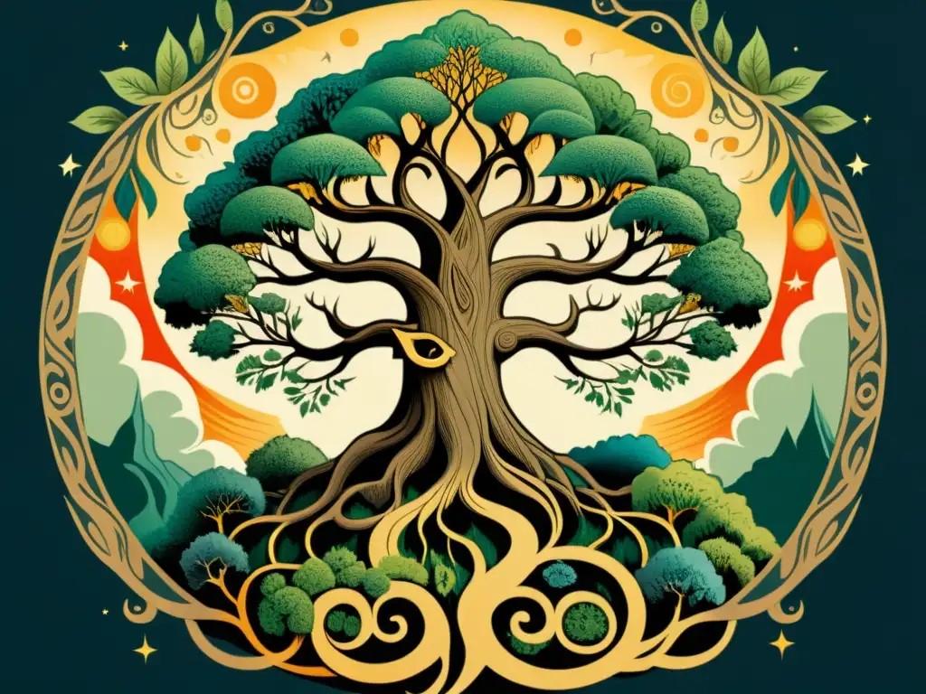 Una ilustración vintage de Yggdrasil, el Árbol del Mundo, con detalles realistas y fuerzas cósmicas que transmiten misticismo antiguo