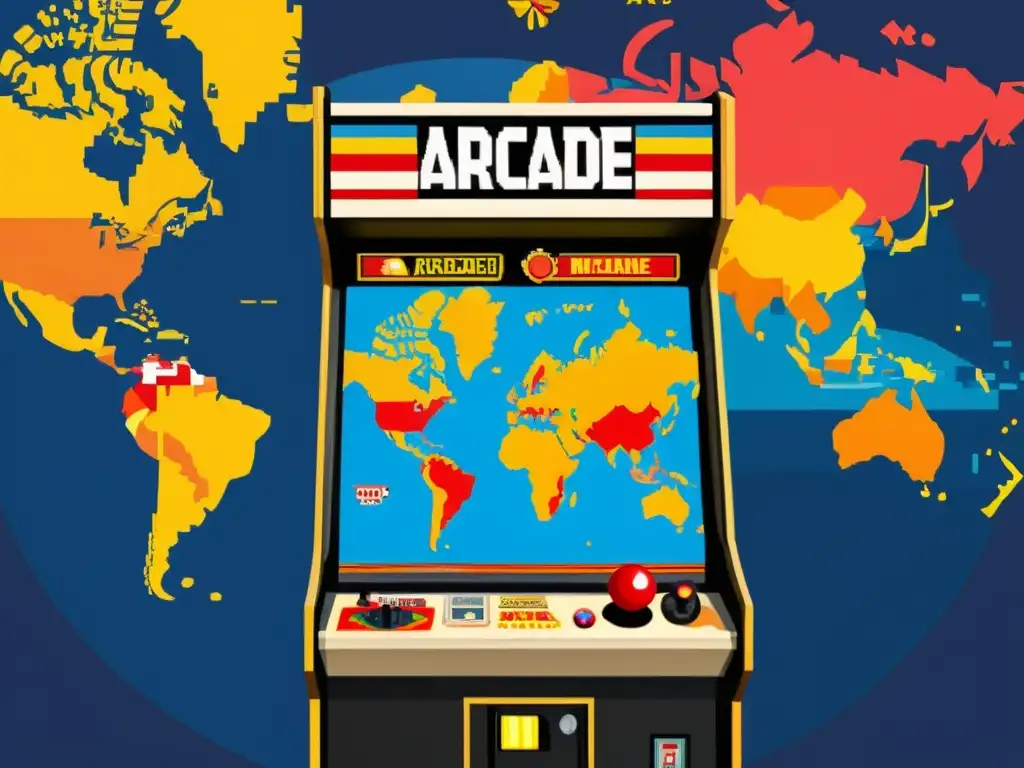 Un arcade vintage con adaptación de videojuegos a culturas, rodeado de jugadores diversos inmersos en el juego