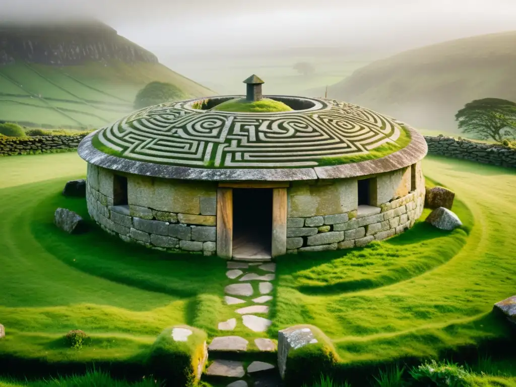 Arquitectura con alma celta: Antiguo roundhouse de piedra celta en las verdes colinas de Irlanda, envuelto en mística neblina