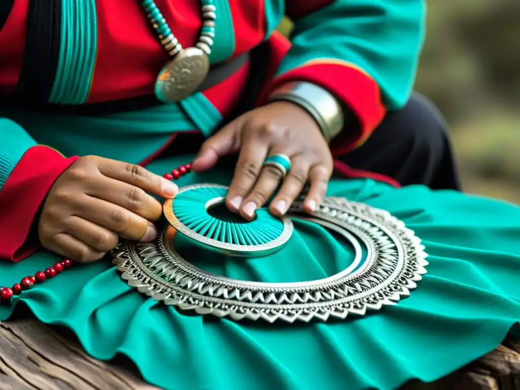 Un artesano Mapuche crea una joya de plata y turquesa con sus manos expertas