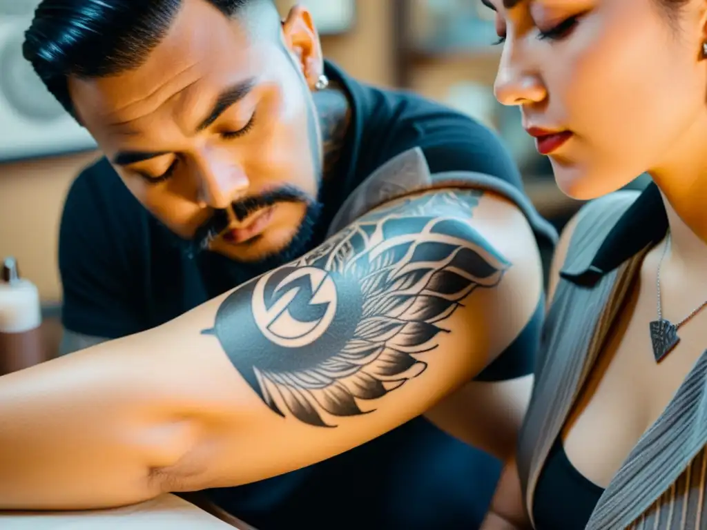 Un artista de tatuajes dibuja con cuidado un diseño significativo en la piel de su cliente en un ambiente nostálgico