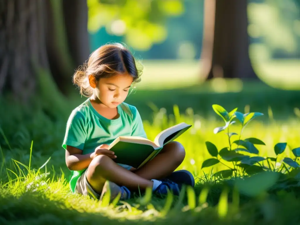 Niño leyendo con asombro bajo los árboles, en un prado verde y sereno, mostrando la alegría de aprender de forma natural