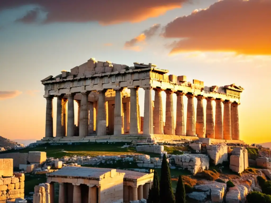 El atardecer baña de colores la majestuosa Acrópolis en Atenas, resaltando su belleza e historia