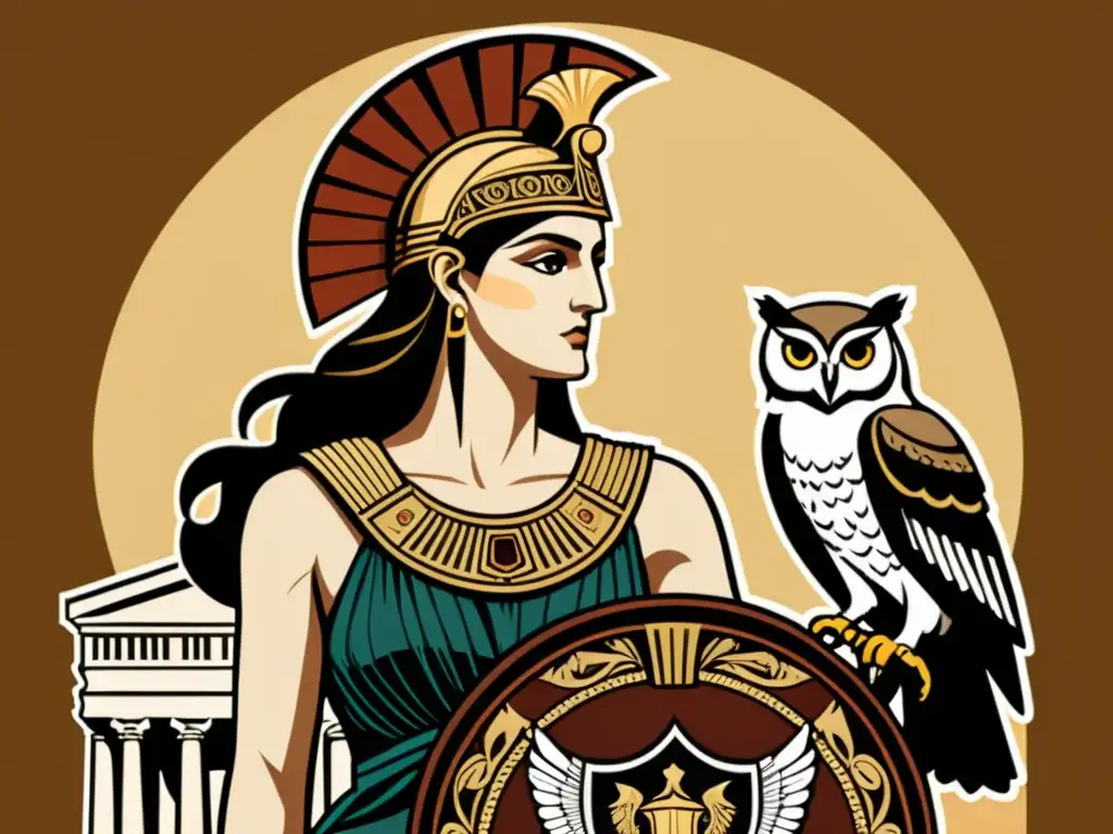 Athena, la diosa griega con su escudo, lanza y el Partenón al fondo