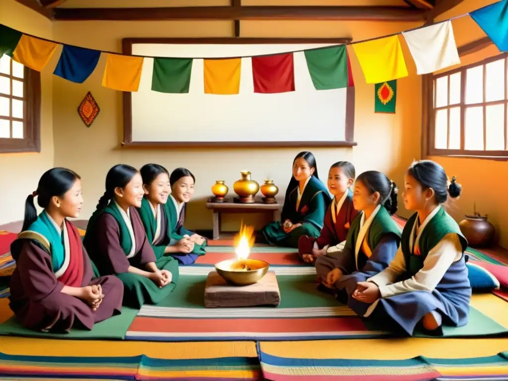 Una atmósfera acogedora y nostálgica llena de color, con estudiantes aprendiendo la gramática del dzongkha en una tradicional aula de Bután